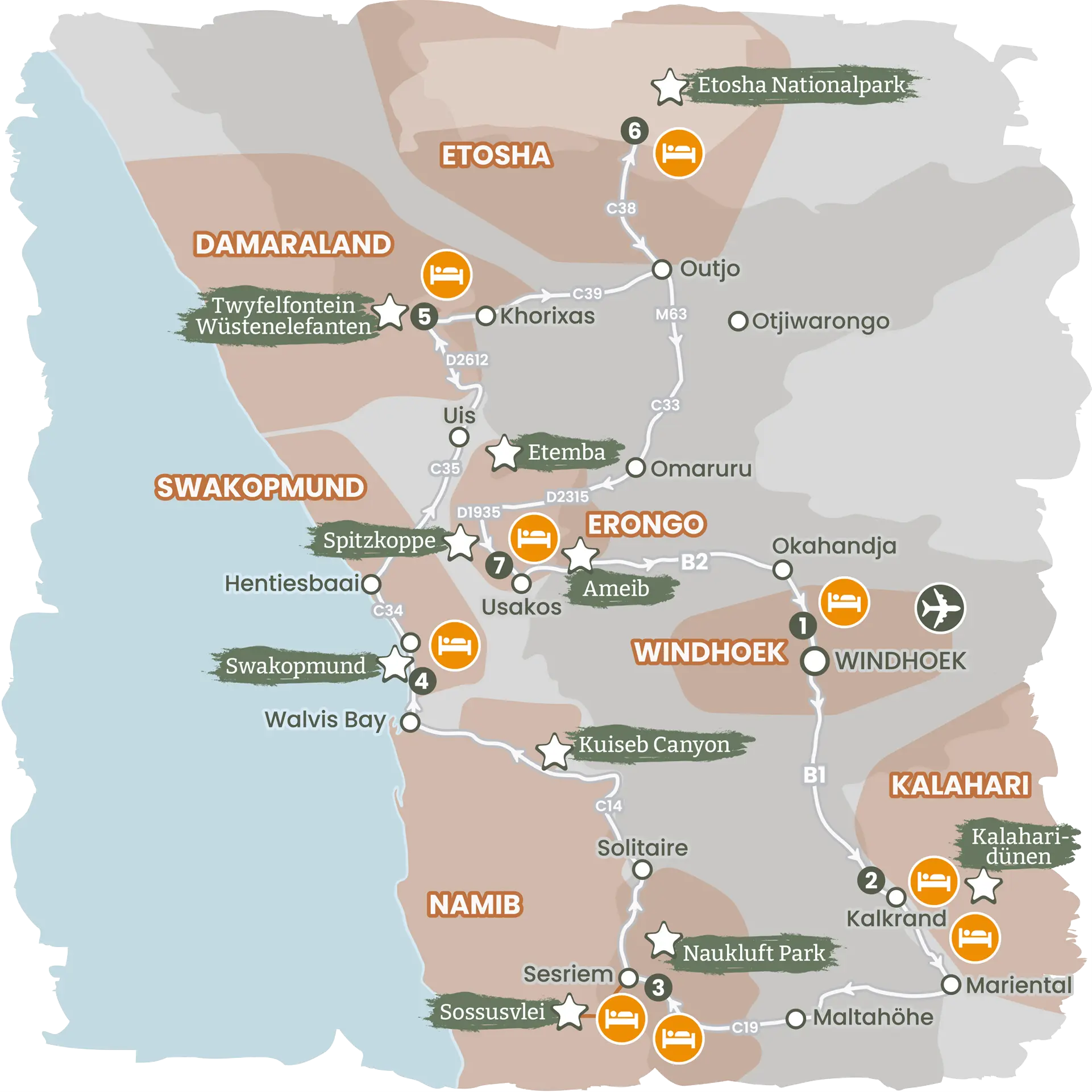 Karte von Namibia mit den Ondili Regionen, Lodges und wichtigen Reisezielen